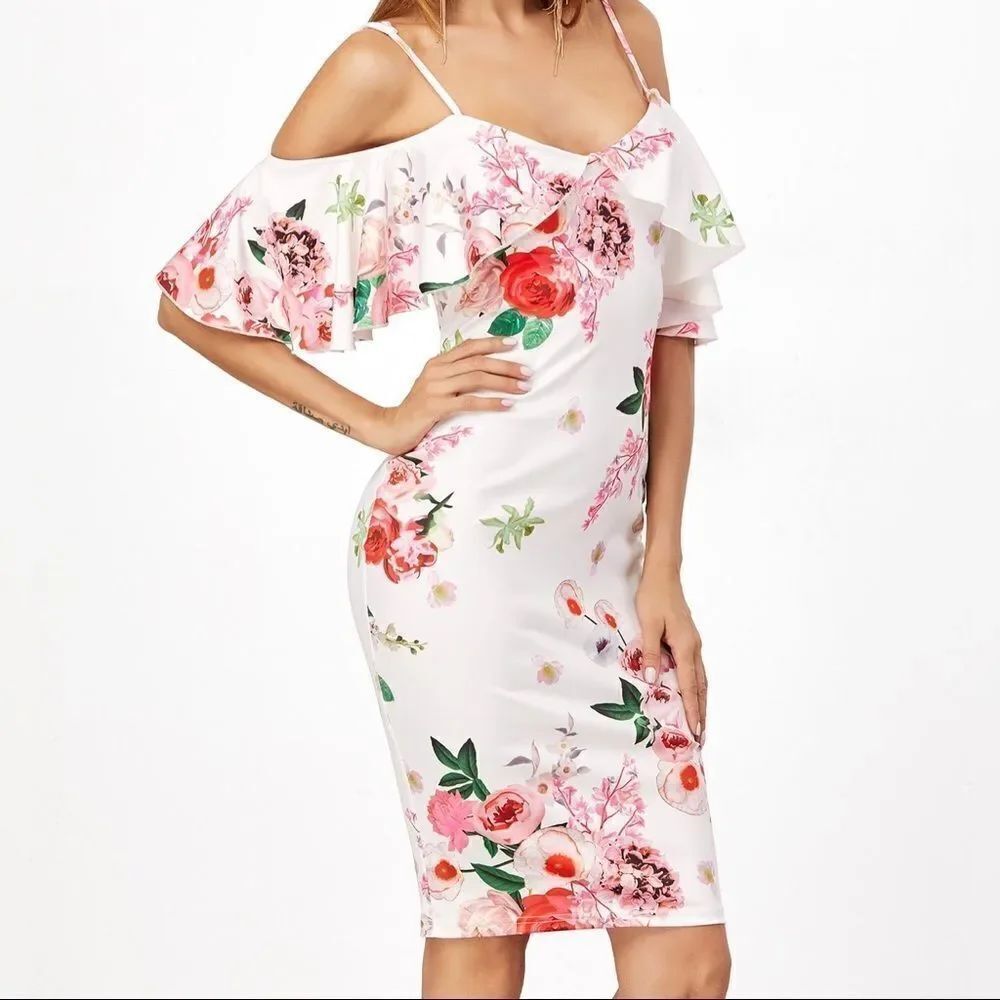 ✨2xHP✨Open Shoulder Rose Print Frill Dress✨ - Picture 2 of 6